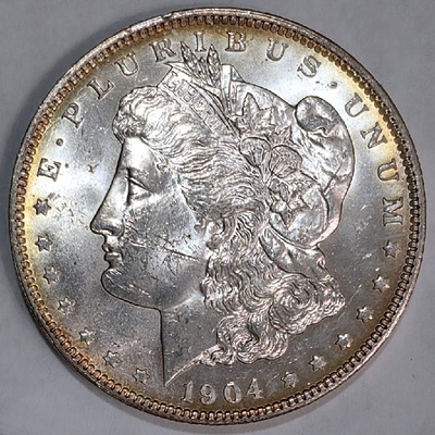1904 O MORGAN SILVER DOLLAR $1 US COIN GOLDEN TONED PL NICE LUSTER AU BU MS UNC