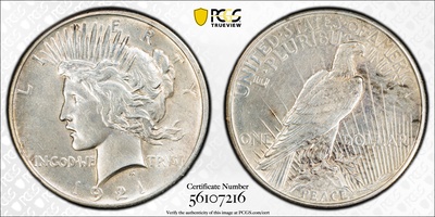 1921 High Relief Peace Dollar - AU Detail